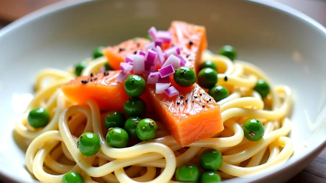 Piatto di strozzapreti salmone piselli novelli"